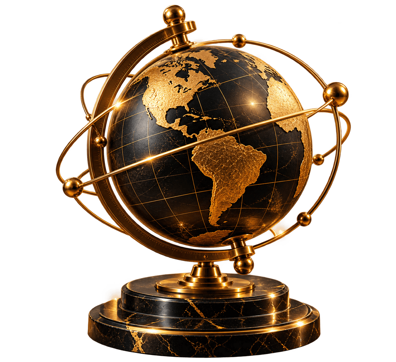 Black and gold armillary globe on a marble base