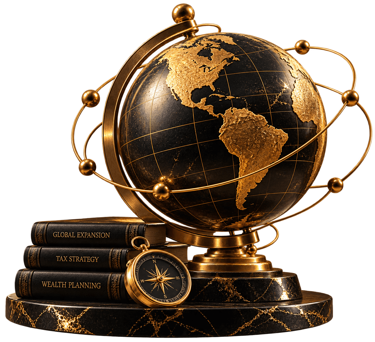 Gold globe with books and a compass