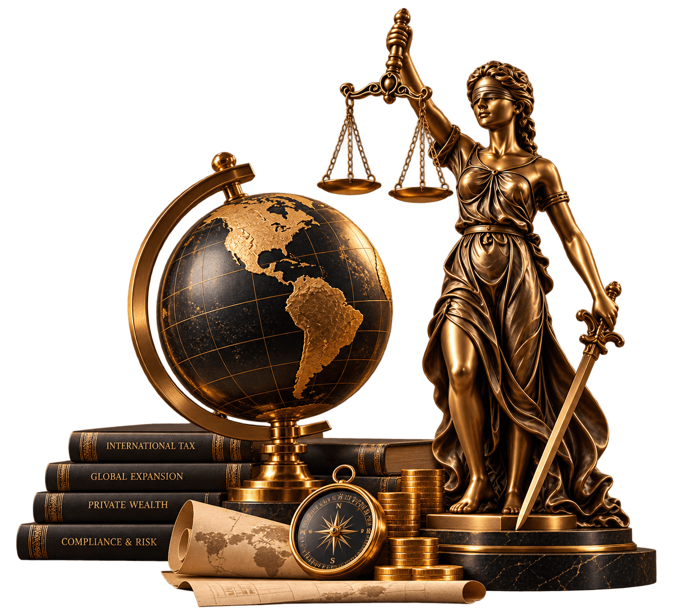 Bronze Lady Justice with a gold globe and books