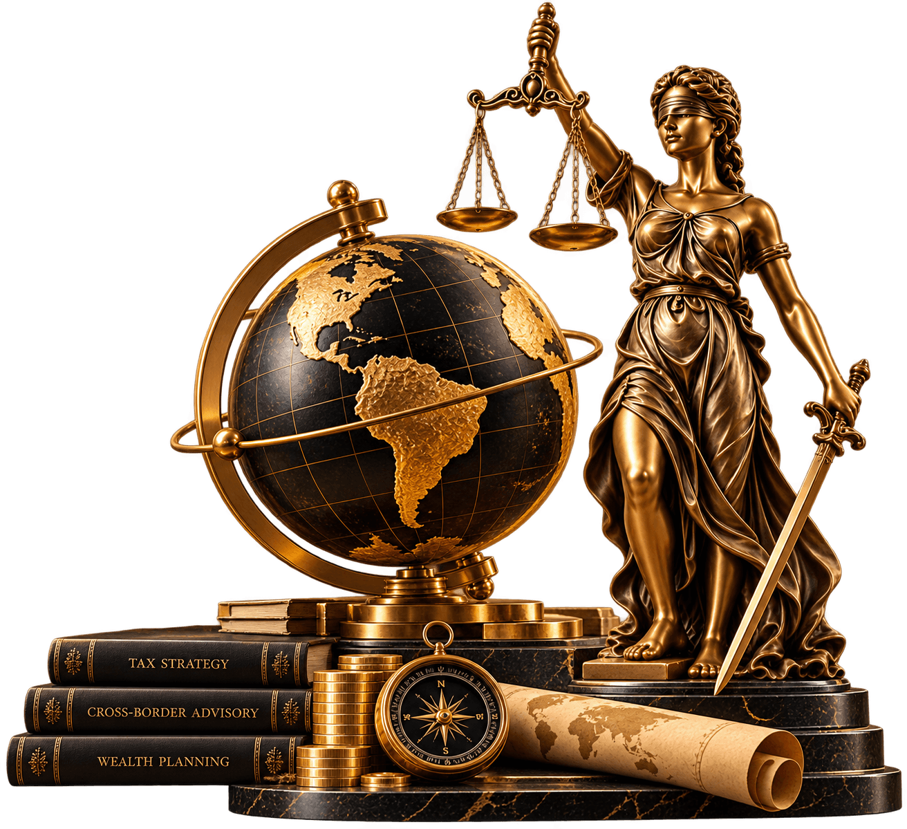 Bronze Lady Justice beside a black-and-gold globe, tax books, compass and map